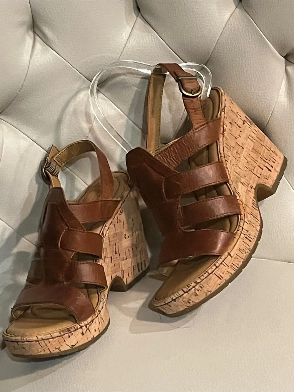 Born Brown Leather Cork Wedge Sandals